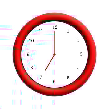 Three-dimensional clock with red frame shows 7 o'clock photo