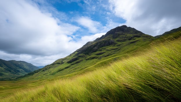 Mountain slope covered with vibrant green grass under cloudy sky, showcasing rugged landscape, natural textures, and peaceful outdoor scenery. photo