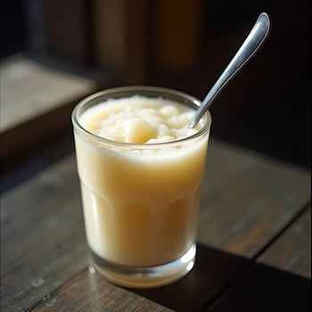 Tapioca Pudding in Glass with Spoon on Wooden Table photo