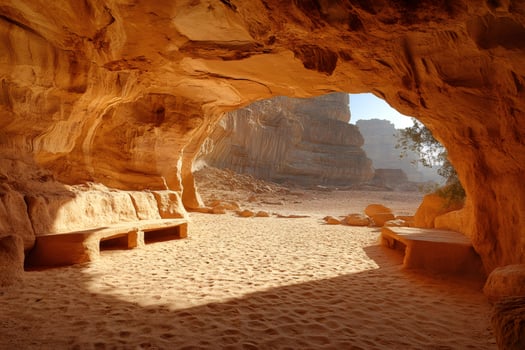 Solomon's Pillars rock formation illuminating ancient cave in Timna Park, Israel photo