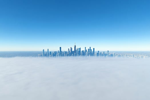 A city is seen in the clouds above the ground photo