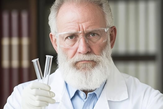 A man with a white beard and glasses holding up two test tubes photo