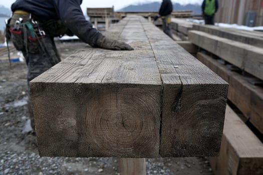 A worker is working on a wooden beam photo