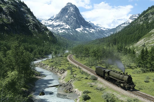 A train is traveling through a mountain valley photo