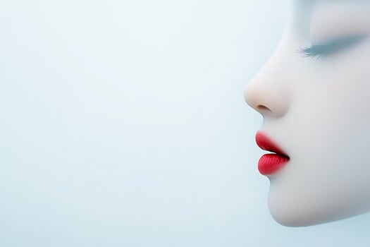 A woman's face with red lipstick and a white background photo
