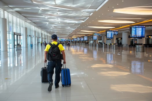A man walking through an airport with his luggage photo