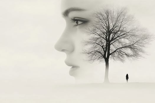 A woman is standing in front of a tree with no leaves photo