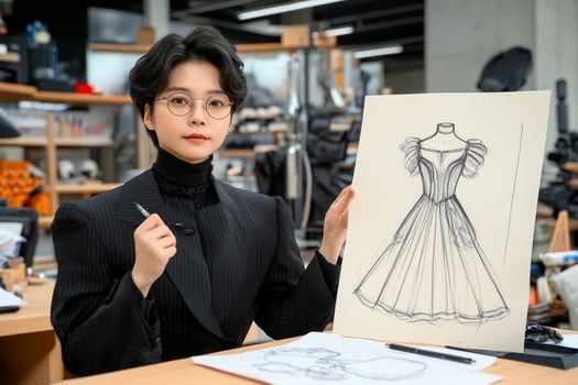 A woman in a suit holding a drawing of a dress photo