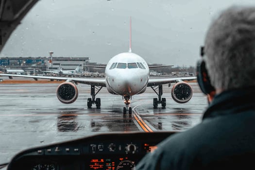 A man is sitting in the cockpit of an airplane photo