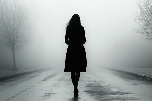 A woman is walking down a road in the fog photo