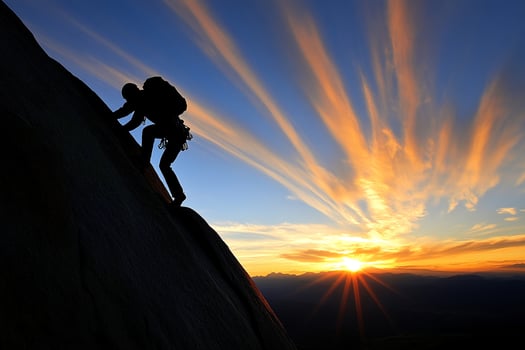 A man climbing up a mountain at sunset photo