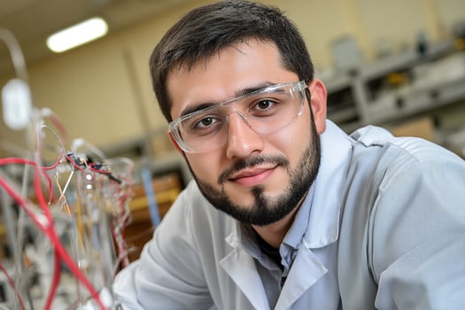 A man in glasses and a lab coat is looking at the camera photo
