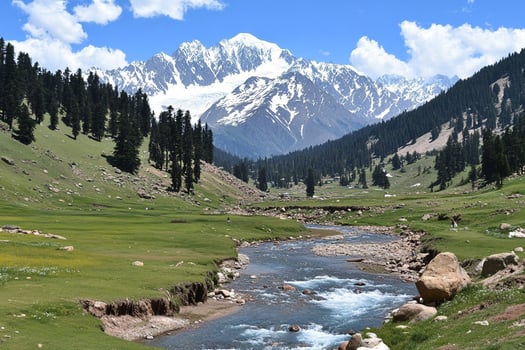 A river flowing through a grassy field with mountains in the background photo