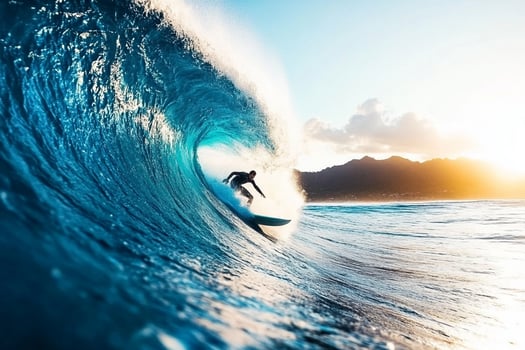 A surfer riding a wave at sunset photo
