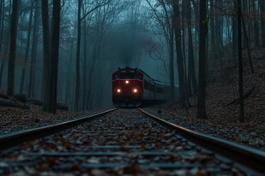 A train traveling through the woods on a foggy day photo