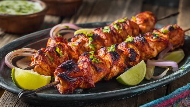 Close up photo of kabab showing juicy meat and spices