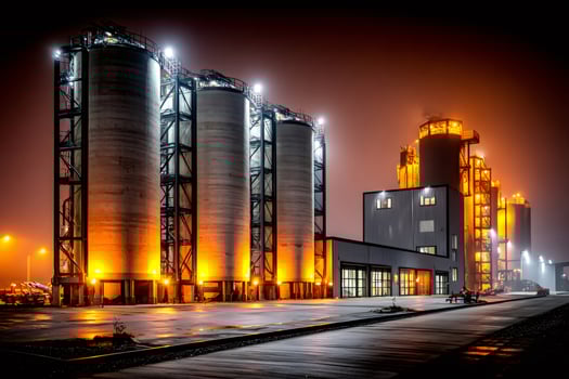 Industrial cement silos and plant lighting up the night sky photo