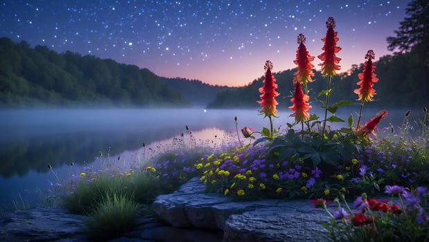 Scenic Lakeside with Wildflowers and Night Sky Reflecting in Lake photo