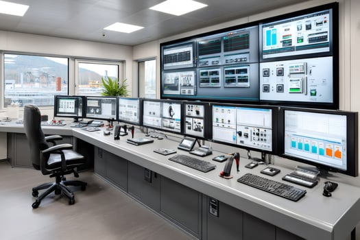 Modern control room monitoring system showing various parameters and data visualization on multiple screens photo