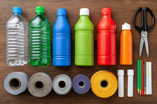 Colorful plastic bottles and craft supplies arranged on wooden table photo