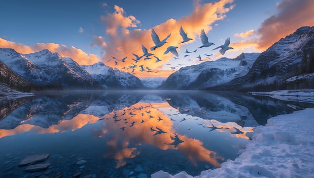 Birds Flying Over Calm Mountain Lake with Reflections at Sunset photo