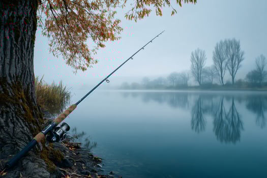 Fishing rod leaning against tree on misty autumn lake shore photo