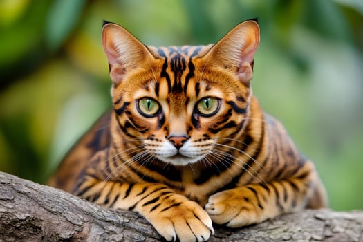 Bengal cat resting on a branch, displaying its unique pattern and intense gaze photo