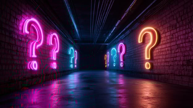 Glowing neon question marks lead into dark uncertain future photo