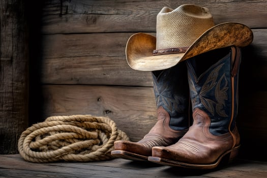 Cowboy hat resting on worn leather boots with lasso on rustic wooden background photo