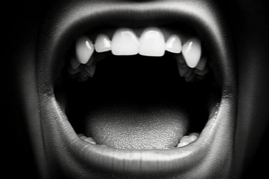 A close up of a person's mouth with teeth open photo