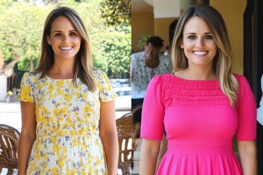 Two women in different dresses, one in a yellow dress and the other in a pink dress photo