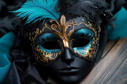 Elegant venetian carnival mask with teal and gold decorations lying on dark fabrics photo