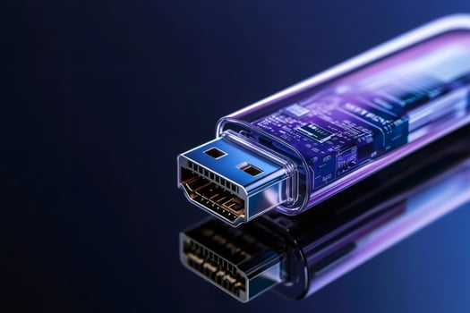 Transparent usb drive showing internal circuitry reflecting on dark surface photo