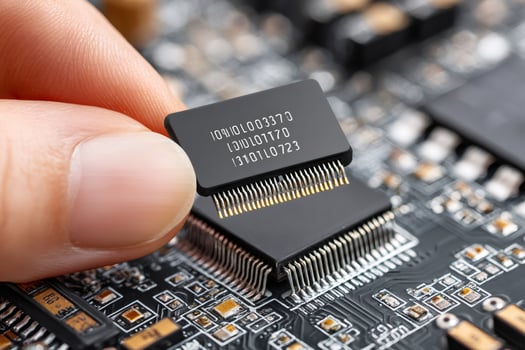 Technician installing microchip on motherboard, close up of electronic components photo