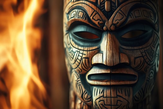Wooden tribal mask burning in flames symbolizing polynesian culture photo