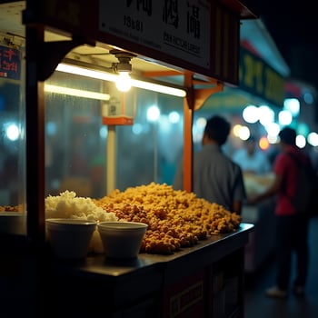 Street Food Vendor Offering Delicious Snacks at Night photo