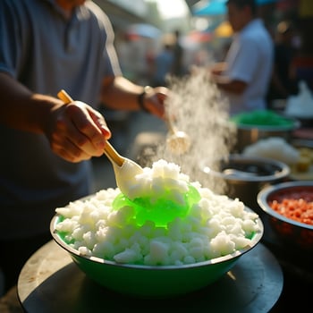 Preparing Shaved Ice Dessert with Colorful Toppings at Outdoor Market photo