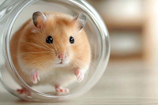 Cute hamster entering glass jar on wooden table photo