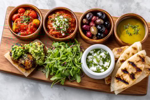 Delicious mediterranean mezze platter with grilled chicken, pita bread, and various dips photo