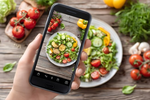 Food blogger taking photo of fresh vegan salad with mobile phone