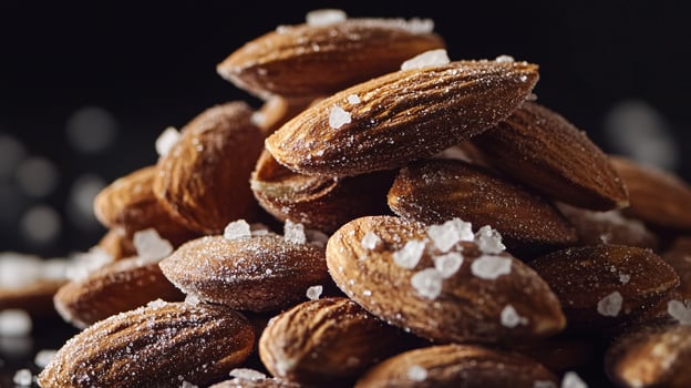 Salted Almonds Piled Together with Visible Sea Salt Crystals photo
