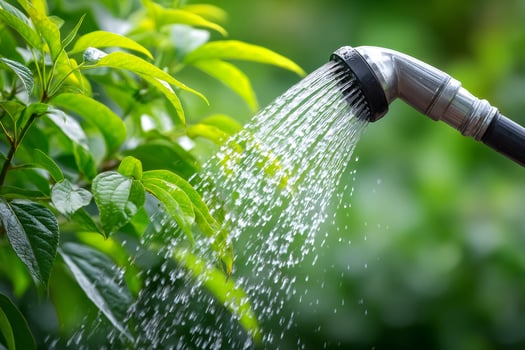 Watering plants in garden with hose and spray nozzle on sunny day photo
