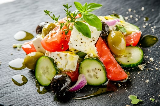 Fresh and flavorful greek salad with herbs and spices on a dark background photo