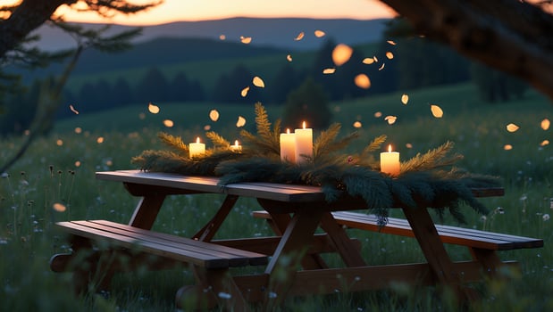 Candles Burning on Picnic Table in a Meadow at Dusk photo