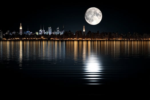 New york city skyline at night with moon over water photo