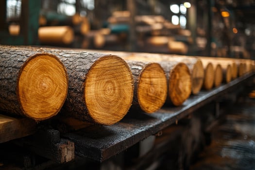 Freshly cut tree trunks moving through lumber mill processing plant photo