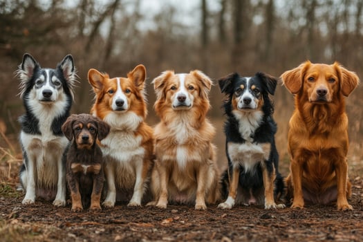 Six dogs sitting in the forest looking at camera photo