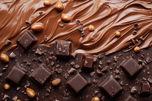 Chocolate bar is breaking apart with melted chocolate and chocolate shavings photo
