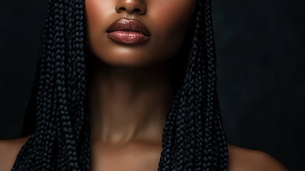 A Confident Black Woman with Neatly Styled Braids Against Matte Black Backdrop photo