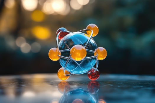 Glass atom model reflecting on a shiny surface photo